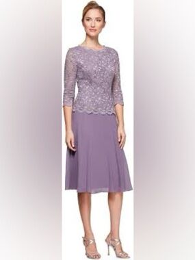 Alex Evenings Lavender Lace Bodice Midi Dress